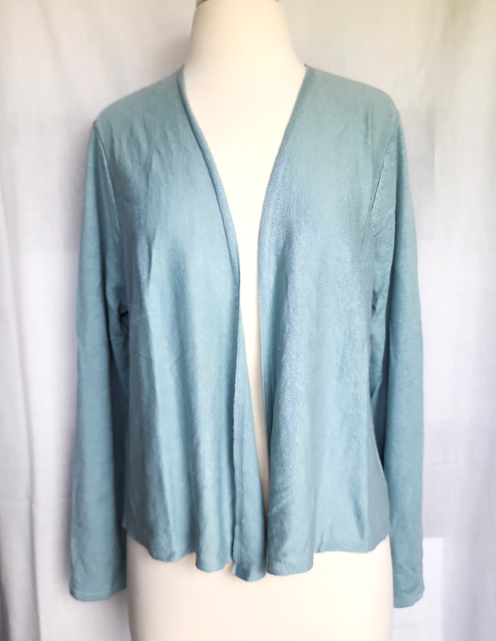 J Jill Lg Short Open Front Cardigan Dusty Blue Long Sleeve Linen Blend Pastel